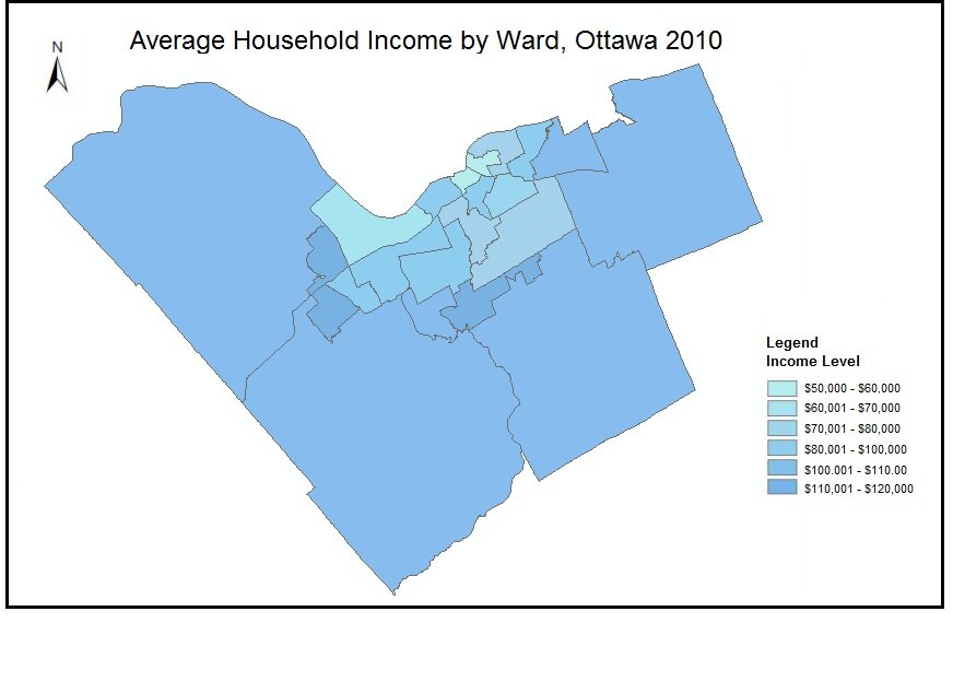 Average household income by ward in Ottawa, as of 2010. Wards with higher income levels tend to have better voter turnout.