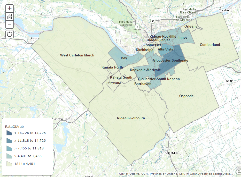 Rate of Arabic speakers per 100,000 people in Ottawa/ Source: National Household Survey, 2011.