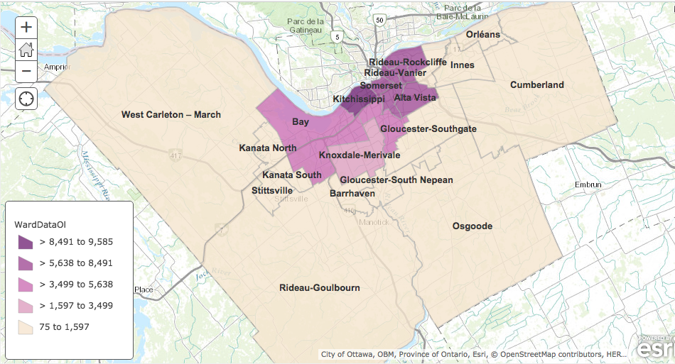 Map of Ottawa Wards by number of people living in private dwellings built in 1960 or before. Based on 2011 National Household Survey data - Created on ArcGIS Online by Carol Boeira