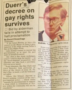 Then-Calgary mayor Al Duerr managed to get a gay-rights week proclamation passed despite some opposition. Courtesy Calgary Gay History Project/ PostMedia Networks.